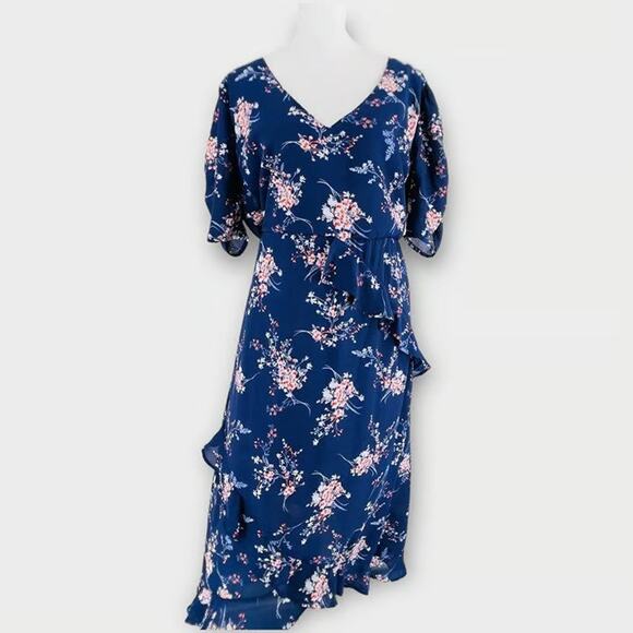 Spirit of Grace Hi Lo Wrap Long Floral Ruched Sleeve Ruffle Dress - S - Picture 2 of 8